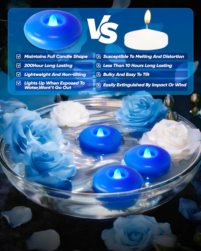 Homemory 12 Pack 3” Flameless Led Floating Candles, 200 Hour Blue Battery Operate Waterproof Tealights for Cylinder Vases, Centerpieces at Wedding Decor, Party, Pool