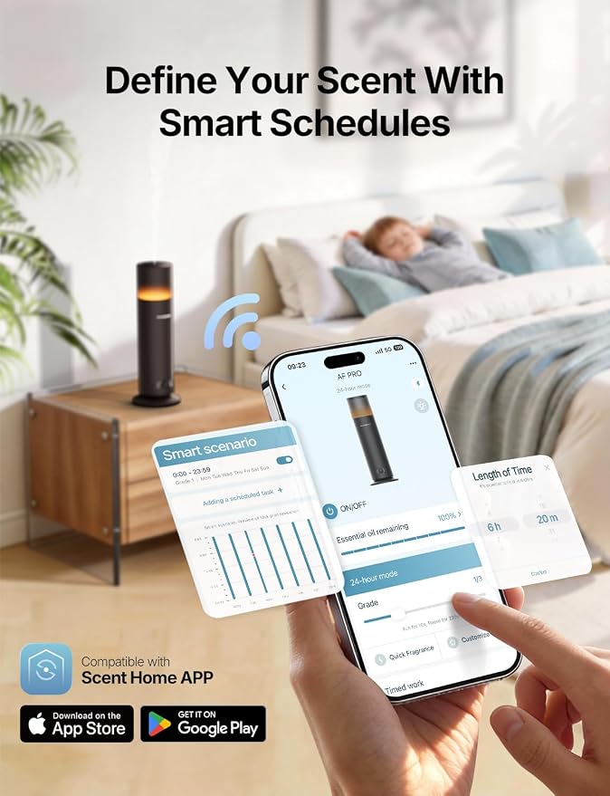 Waterless Essential Oil Diffuser, Smart Scent Diffuser with Nightlight, Smart Schedules, Up to 1100 sq ft, App Control Cold Air Scent Diffuser Oil Machine for Home Large Room and Commercial Use, Black