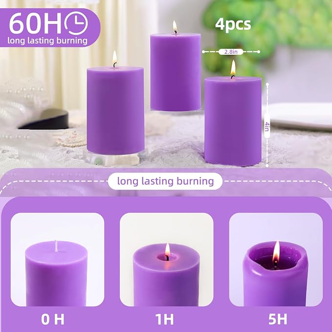4 Pack Lilac Scented Soy Pillar Candle 2.8x4In,240H Long Burn,Natural Spring Floral Aromatherapy Hand-Poured Candles for Stress Relief,Relaxation & Home Decor,Mother’s Day Gifts,Smokeless & Non-Toxic