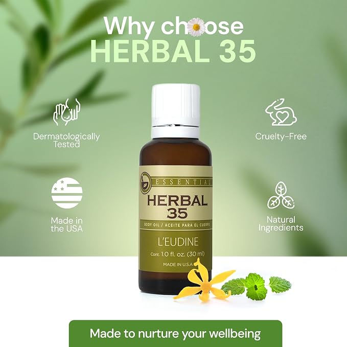 L’EUDINE Herbal 35 Essential Oil Blend - 35 Natural Extracts with Peppermint, Eucalyptus & Lavender - Relaxing Aromatherapy Oil for Diffuser, Massage & Stress Relief - Vegan & Pure Wellness, 1 Fl Oz