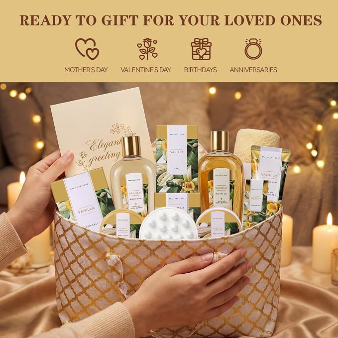 Gifts for Women, Spa Luxetique Gift Baskets for Women,15 Pcs Vanilla Spa Gifts for Womens, Women's Gifts with Bubble Bath, Bath Salt, Bath Bombs, Birthday Gift Christmas Spa Baskets