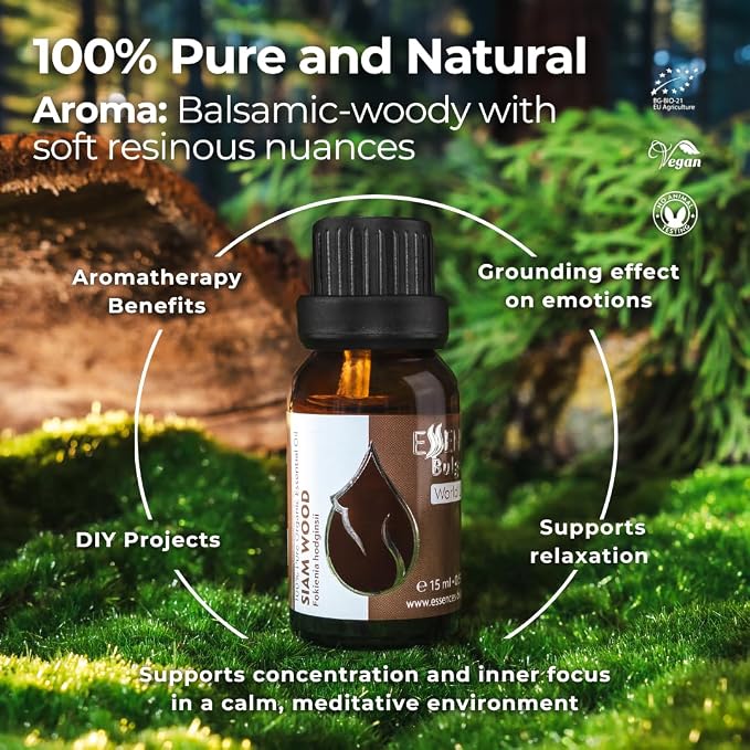 Essences Bulgaria Organic Siam Wood Essential Oil 15ml (0.51 Fl Oz) | Fokienia hodginsii | 100% Pure, Natural, Undiluted | Aromatherapy, Cosmetics | Vegan, Non-GMO, Cruelty-Free