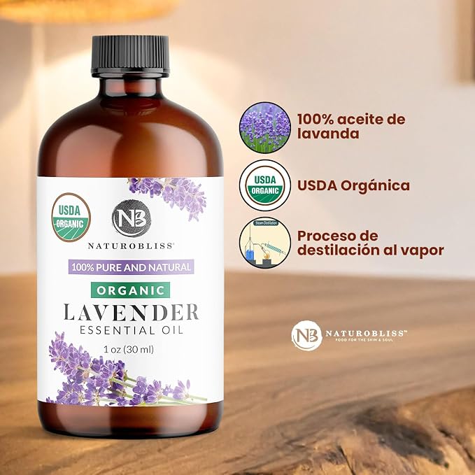 NaturoBliss Organic Lavender Essential Oil, 100% Pure Therapeutic Grade, Premium Quality, 1 fl. Oz / 30 ml - Perfect for Aromatherapy and Relaxation (30ml)