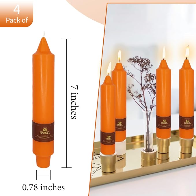Short Orange Chunky Taper Candles 7 Inch Set of 4 Candlesticks Fat Candles Handmade Clean Burning Unscented Candles for Dinner Country Farmhouse Bedroom Meditation Wedding Home Decor Sanctuary