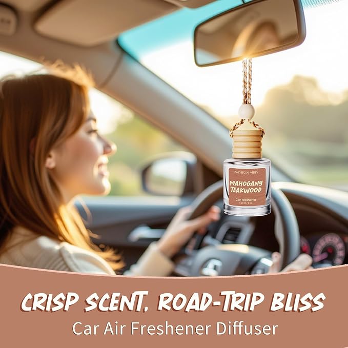 RAINBOW ABBY Hanging Car Air Freshener Diffuser 2 Pack - Mahogany Teakwood Fragrance Oil, 45+ Days Long Lasting, Essential Oil Diffuser for Car