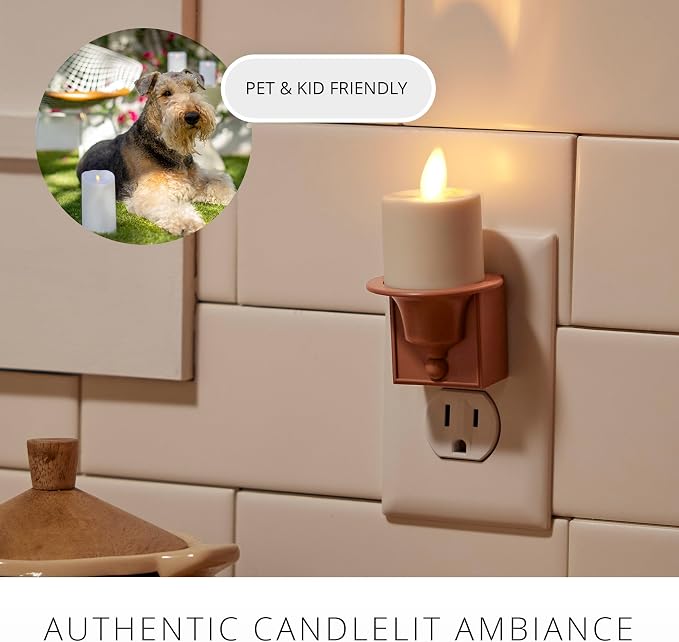 Luminara Flameless Candle Nightlight w/Dusk to Dawn Light Dark Auto Sensor, Baked Clay Wall Plug Indoor Night LED Light w/Real-Flame Effect Technology, Bathroom Bedroom Hallway, No Remote Needed