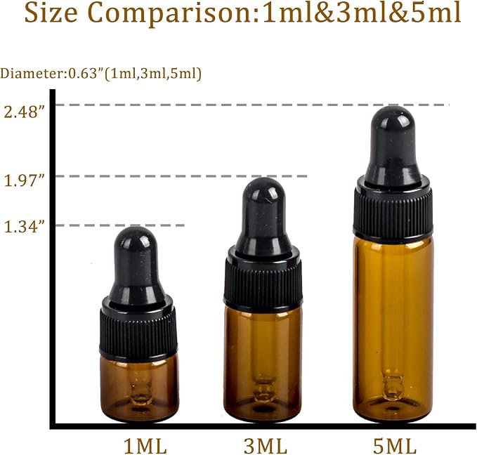 Sample Dropper Bottles, Mini Dropper Bottles with 2 Pcs Plastic Droppers for Traveling Essential Oils DIY Cosmetic Liquid Sample Perfume (Amber, 5ML)