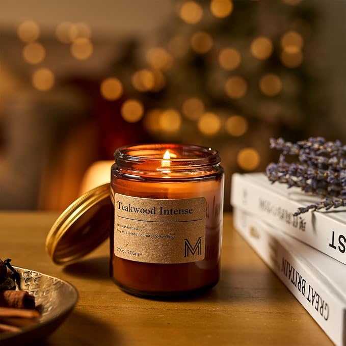 M&SENSE Teakwood Intense Scented Small Candle, 7.5Oz Aromatherapy Candle for Home Fragrance, Soy Wax Candles Gift for Birthday, Housewarming, Amber Jar Candle for Stress Relief, Meditation, Yoga