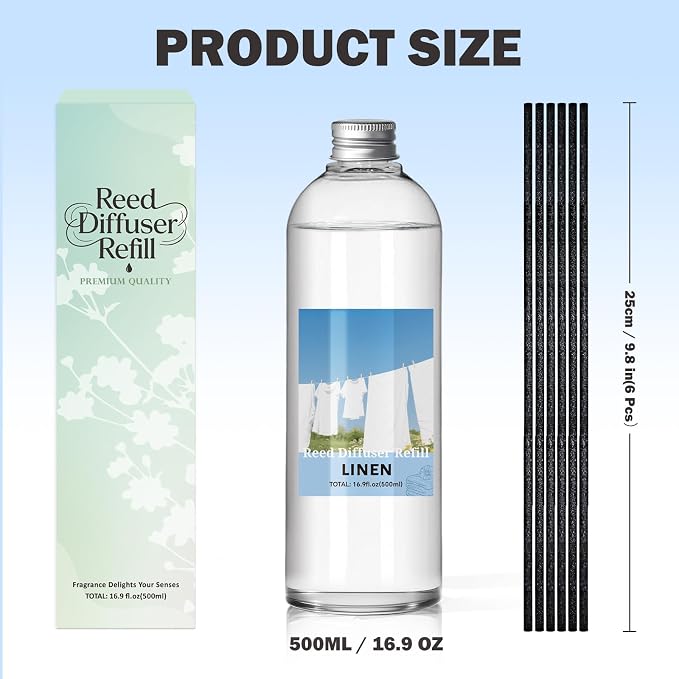 SCENTORINI Reed Diffuser Oil Refill, 16.9oz Linen Scented Essential Oil with 6 Sticks, Long Lasting Summer Home Fragrance for Large Space, Bathroom, Spa Room Aromatherapy, Hotel, Office Decor