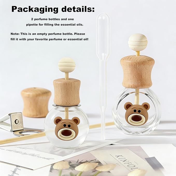2 Pack Bear Refillable Car Vent Clip Diffuser Empty Glass Bottle | Wood lid aroma bottle with dropper, holds essential oils for car wardrobe home bathroom use