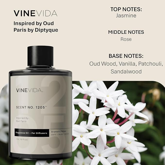 VINEVIDA [16 Fl Oz] Scent NO. 1205 Fragrance Oil for Cold Air Diffusers, Aromatic Notes of Dark Musk Oud Wood, Essential Oils for Diffuser Oil Refill & Air Freshener Room Spray