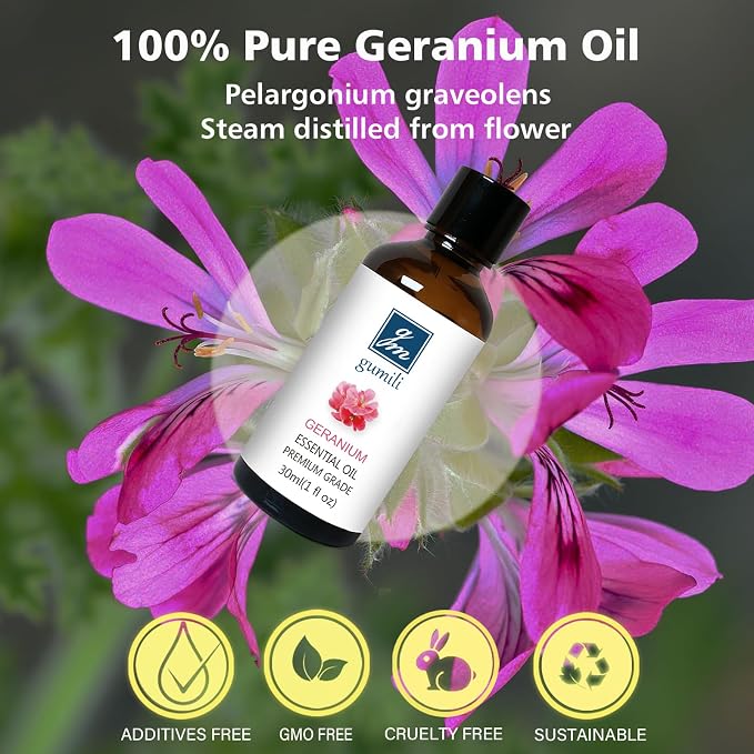 GM Gumili Geranium Essential Oil 1 Oz, 100% Pure Geranium Oil for Diffuser, Skin, Hair, Face, Soap & Candle Making, Aromatherapy & Massage