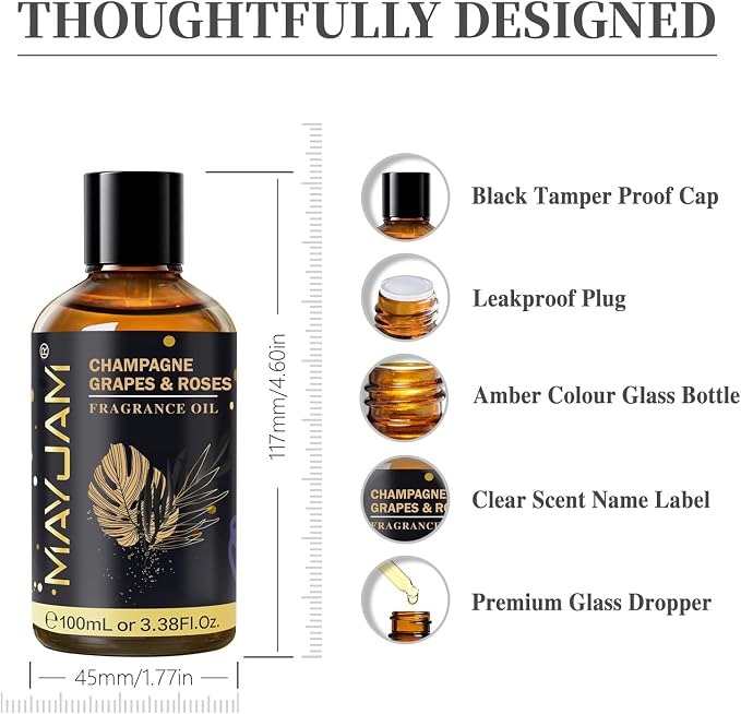 Champagne Grapes & Roses Fragrance Oil, MAYJAM 3.38FL.OZ Essential Oils for Diffusers for Home, Long Lasting Scented Oils for Soap Candle Making - 100ML