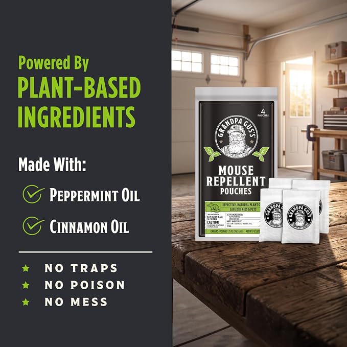 Grandpa Gus's Natural Mouse Repellent Pouches, Cinnamon/Peppermint Oils Repel Mice from Nesting in Home/Cabin/Boat/Car Storage/RV/Machinery/Shed (4 Pouches)