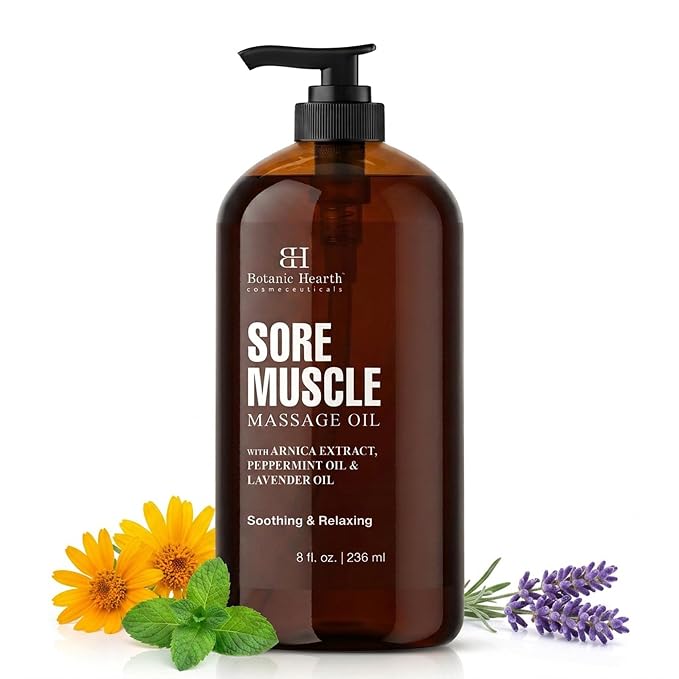 Botanic Hearth Soremuscle Massage Oil 8 Fl Oz| Refreshing, Relaxing Massage Oils for Muscle Relaxing & Joint Comfort | Made with Natural Oils | for All Skin Types, for Men & Women