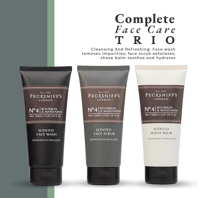 Pecksniff’s Men’s Trio Face Collection – Bourbon & Mandarin – Face Wash, Face Scrub & Shave Balm Gift Set, 3 x 75ml