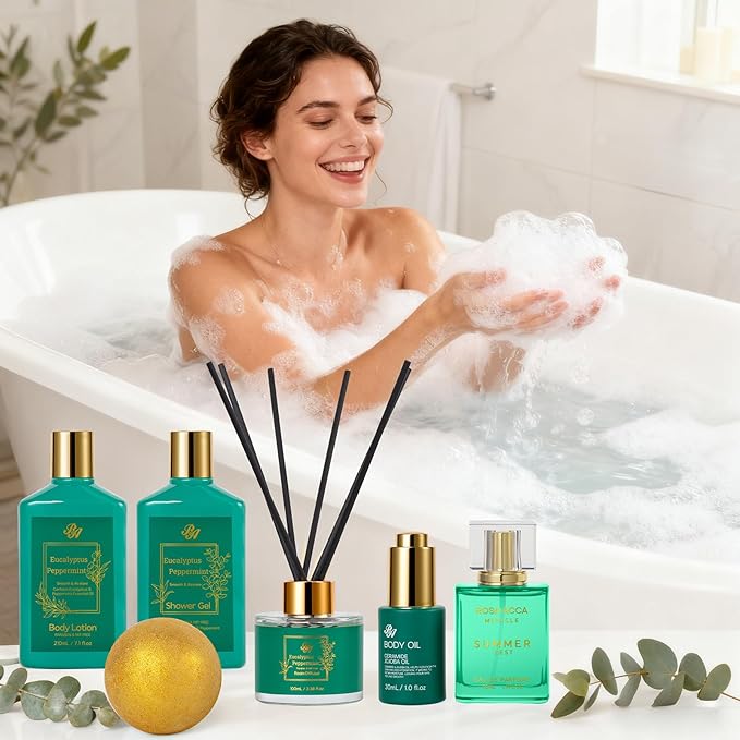 35 Pcs Mother's Day Gift, Eucalyptus Bath & Body Gift Basket for Women, Self-Care Relaxation Basket Set, Face Skin Care Kit, Home Spa Gift, Face Oil, Birthday, Christmas, Anniversary