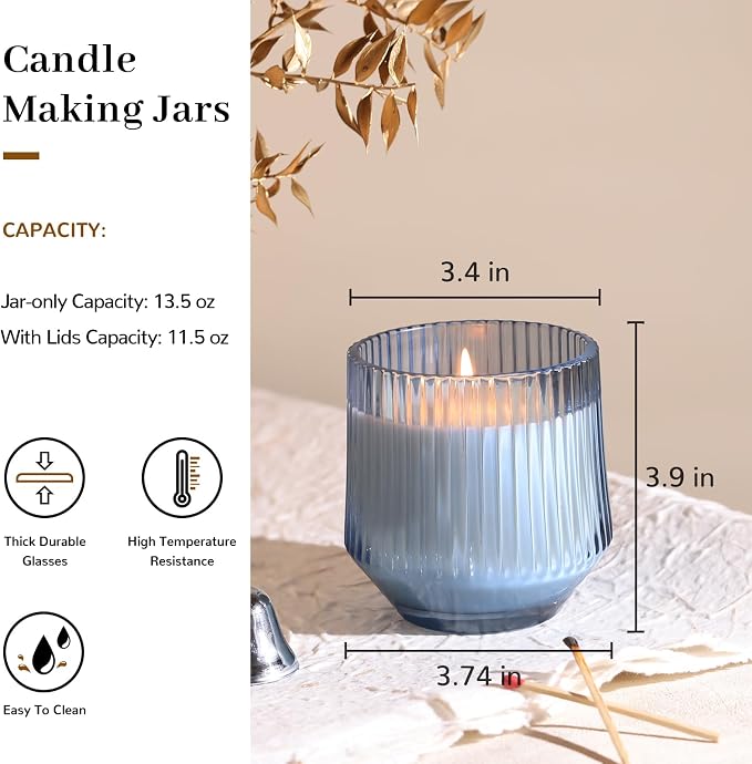 simeitol 13 OZ Blue Large Candle Jars for Making Candles - 6 Pack Glass Candle Jars Bulk with Vertical Striped, Candle Vessels Supplies with Bamboo Lids and Candle Wick Kit, for DIY & Home