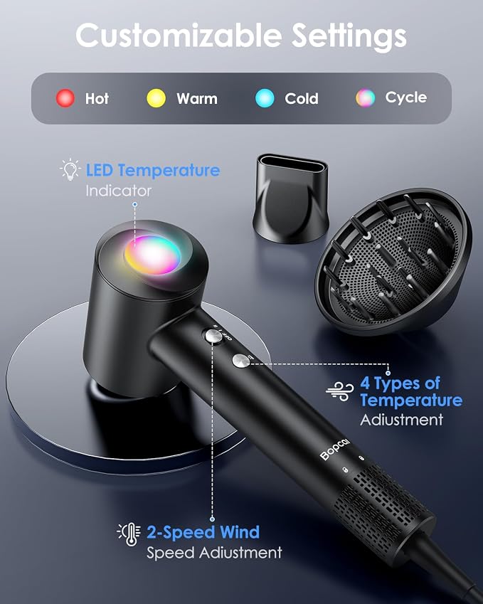 Bopcal Ionic Hair Dryer, 160000 RPM Brushless Motor, Smart Thermo-Control, Negative Ion Fast Drying, Quiet Lightweight Blow Dryer, Cold Air & 2 Heat Settings, for Home Travel Salon, Black