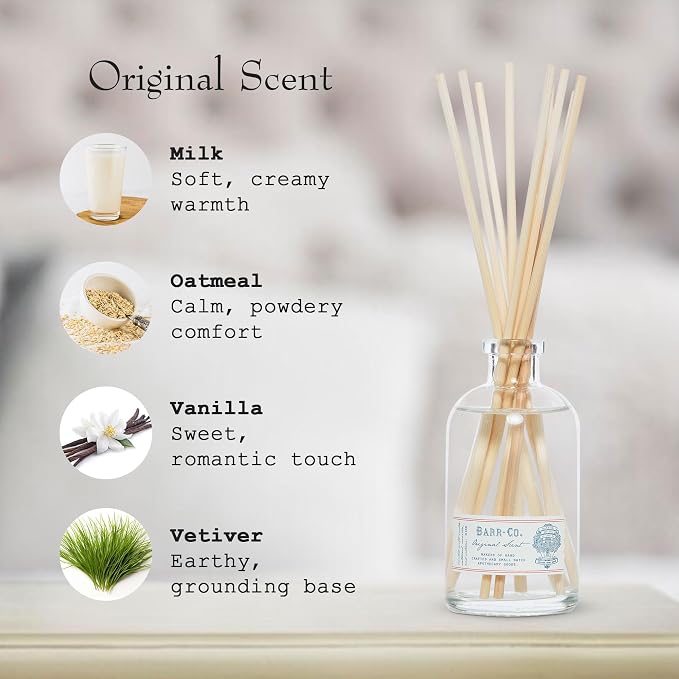 Barr-Co. Original Scent Reed Diffuser Kit, Tranquil Milky Scent with Oat, Vanilla & Vetiver, Reed Diffuser for Home, Long Lasting Aroma Diffuser, Refillable, 8 fl oz