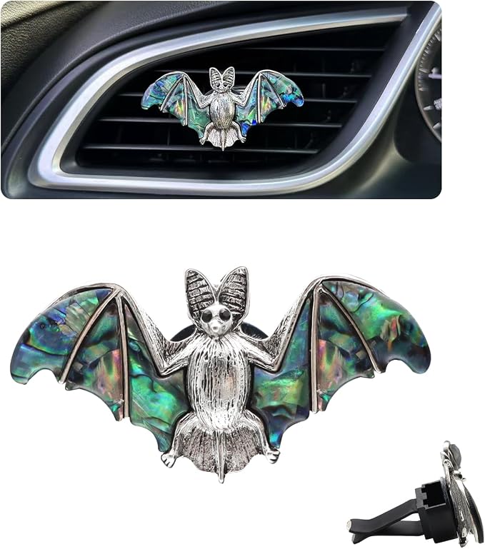 ORIESSE Bat Air Vent Clip Car Air Freshener Outlet Clips Natural Abalone Shell Seashell Color Vampire Bat Car Accessories Gothic Car Decor Refillable Car Diffuser Clips (Big Bat)