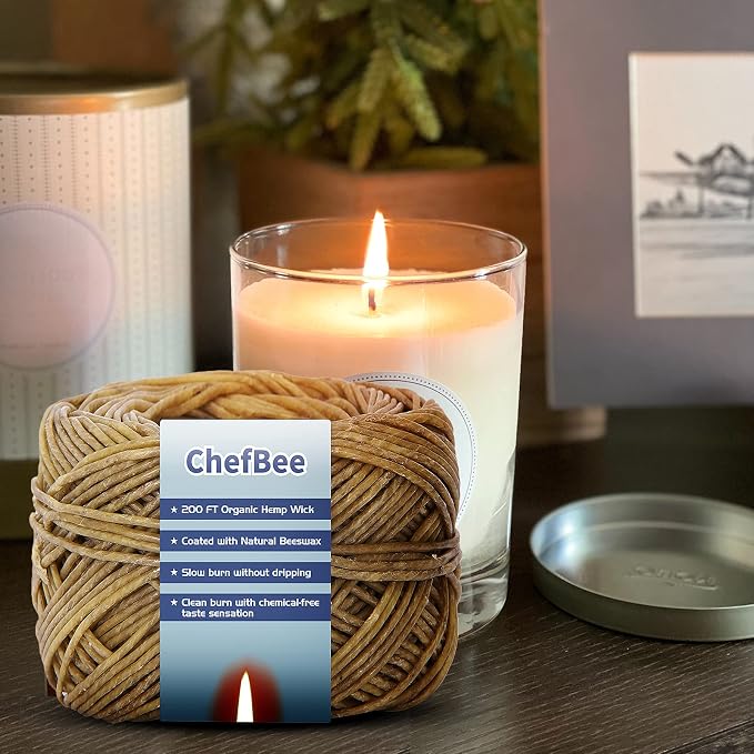 CHEFBEE 200 FT Organic Hemp Wick, Well Coated Natural Beeswax for Hemp Wick Lighter or Candle Making, Slow Burn, No Dripping, Standard Size(1.1mm)