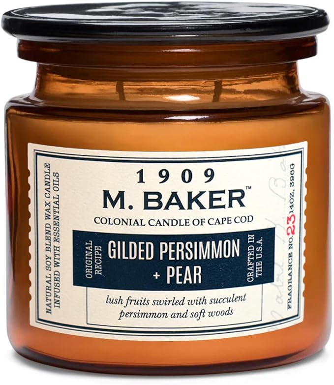 Colonial Candle Gilded Persimmons & Pear Scented Candle, 2-Wick Natural Soy Blend Wax Candle Infused with Essential Oils, 14 oz Apothecary Glass Jar Candle - Made in The USA