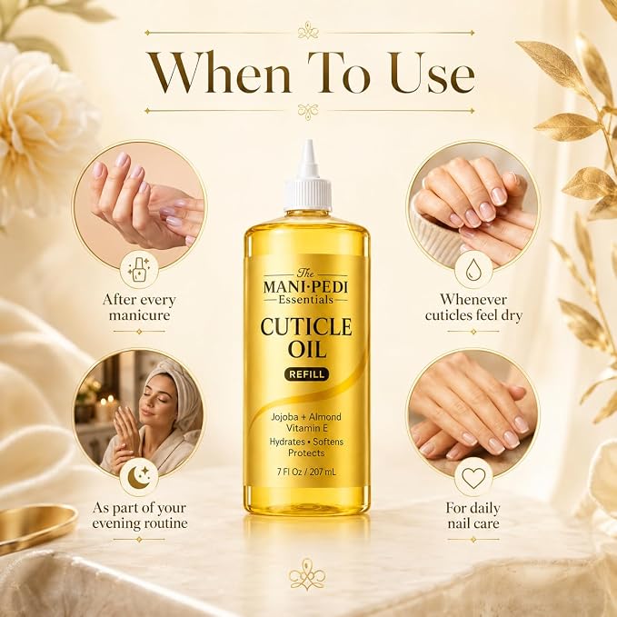 Professional Cuticle Oil Refill/Bulk Pack with precision nozzle for easy refilling - 7 Fl Oz. Enriched with Jojoba Oil, Vitamin E & Sweet Almond Oil. Nail Tech Supplies for Nourished Nails & Cuticles
