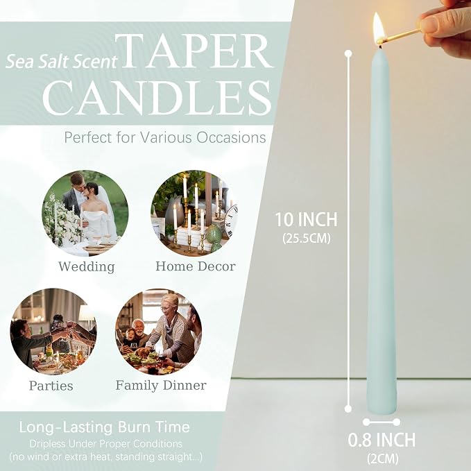 Candlesticks Long Taper Candle,Seal Salt Scented 10 Inches Blue Candle Sticks Smokeless Tapered Candles for Home Décor Holiday Gifts