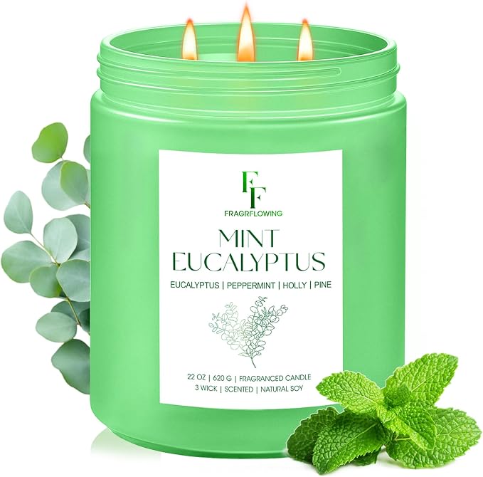 Mint Eucalyptus Large Scented Candle, 3-Wick 22oz Long Lasting Scented Candle, Natural Soy Wax Aromatherapy Candle for Home, Candle Gifts for Women Men