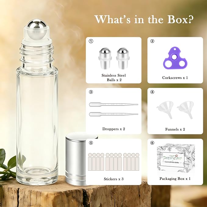 PrettyCare Set of 12, 10 ml Essential Oil Roller Bottles with Stainless Steel Roller Ball - Refillable Leak-proof Empty Thick Clear Glass Roll on Bottles with Silver Metal Caps for Travel, Perfume