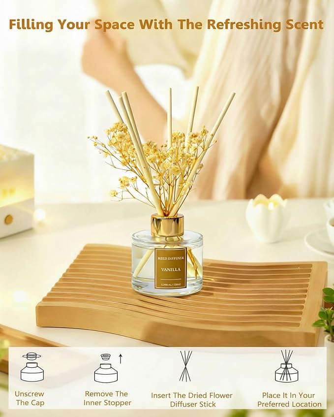 Reed Diffuser Set-Vanilla Scent Fragrance Oil Diffuser with 6 Reed Sticks | Home & Bedroom Bathroom Decor,3.38 fl oz (100ml)