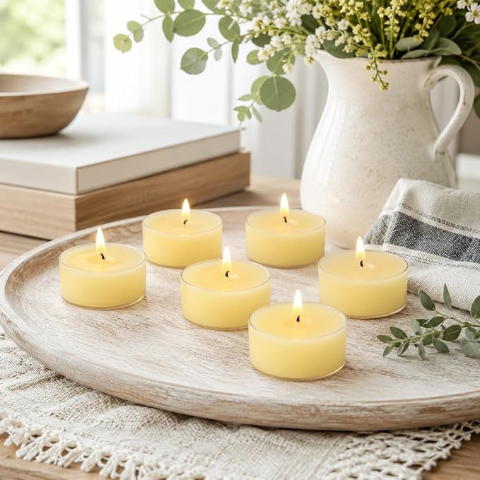 Beige Tea Lights Set of 24, Vanilla Scented Tealight Candles, Handmade Tea Candles, Long Burning Tealights for Romantic Wedding Home Decor Gift
