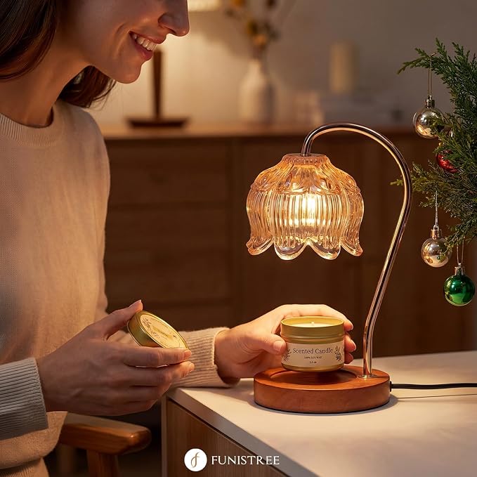 Flower Candle Warmer Lamp with Timer for Jar Candles, Dimmable Candle Lamp Warmer Gift Set with 3 Scented Candles Lavender Vanilla Oud, Christmas Birthday Gifts for Women Mom Wife Her - Amber