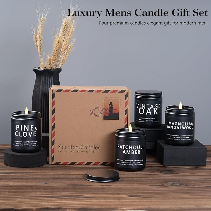 Candles for Men, 4 Pack Scented Candles, Gifts for Father Dad Day, 50 Hours Long Burning Soy Candles for Home Scented (Pine/Sandalwood/Patchouli/Oak)