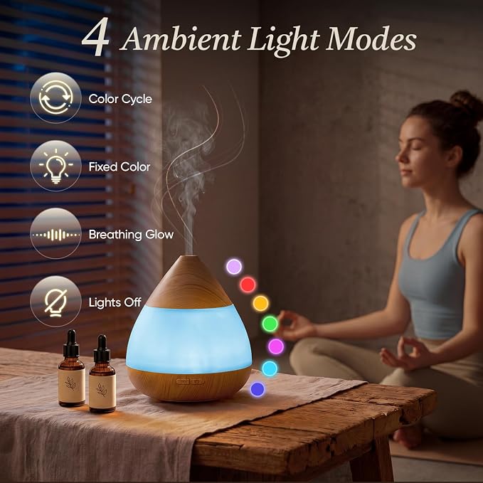 Essential Oil Diffuser with Adapter, 130ml Aromatherapy Scent Machine for Home & Office, 7 Color LED & Breathing Light Cool Mist Humidifier, 2 Mist Modes Last up to 8 Hours, Auto-Off, Conical