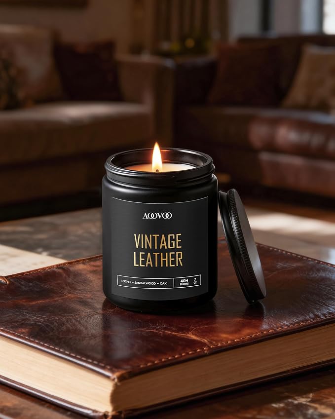 AOOVOO Scented Candles for Men - 4 Pack Candles for Home Scented, 28oz Soy Wax, 200 Hour Burn Time, Men Candle Set, Vntage Leather/Vntage Oak/Mahogany Teakwood/Cologne Candle Set