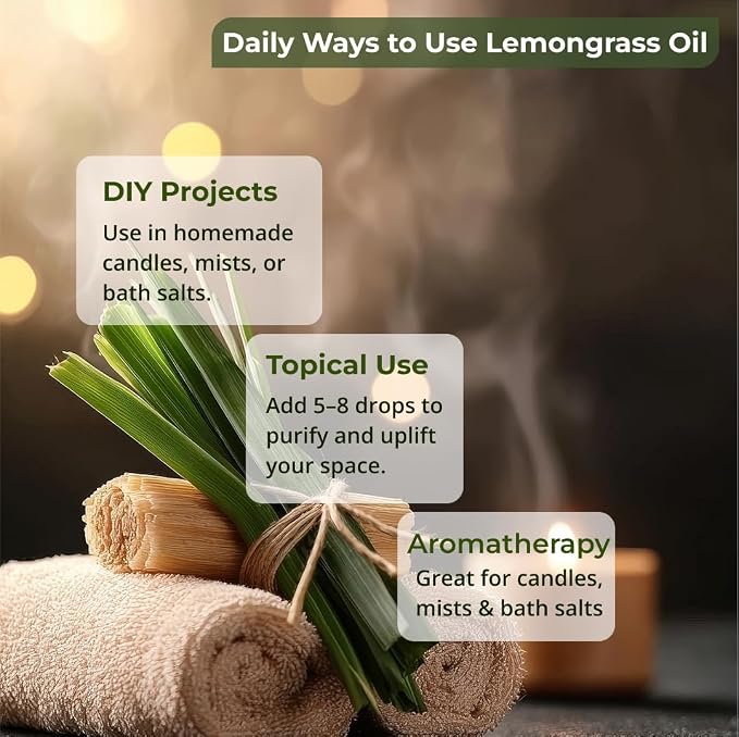 Lemongrass Essential Oil – 100% Pure and Natural Lemongrass Essential Oil for Diffuser, Aromatherapy, Citrus-Fresh Aroma for Hair and Skin Care, Soap and Candle Making – with Dropper, 4 oz