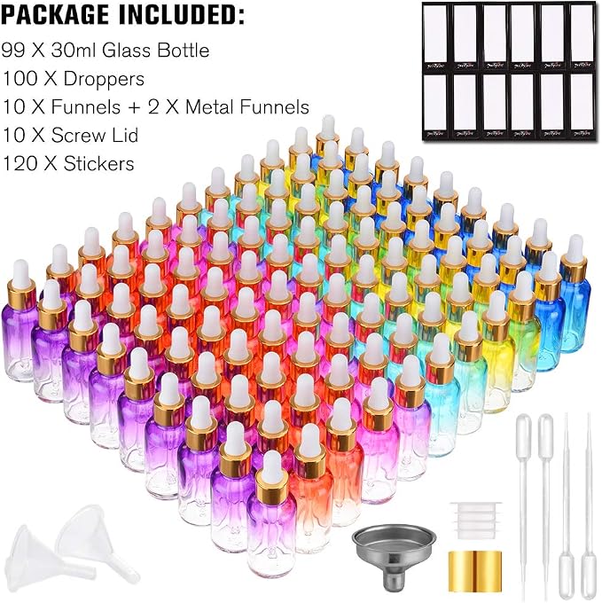 PrettyCare Glass Eye Dropper Bottles 99 Pack, 1oz (30ml) Rainbow Empty Thick Bottles Bulk with Leakproof Golden Caps - With Labels & Funnels for Storage, Travel, Essential Oils, Cuticle, Tinctures