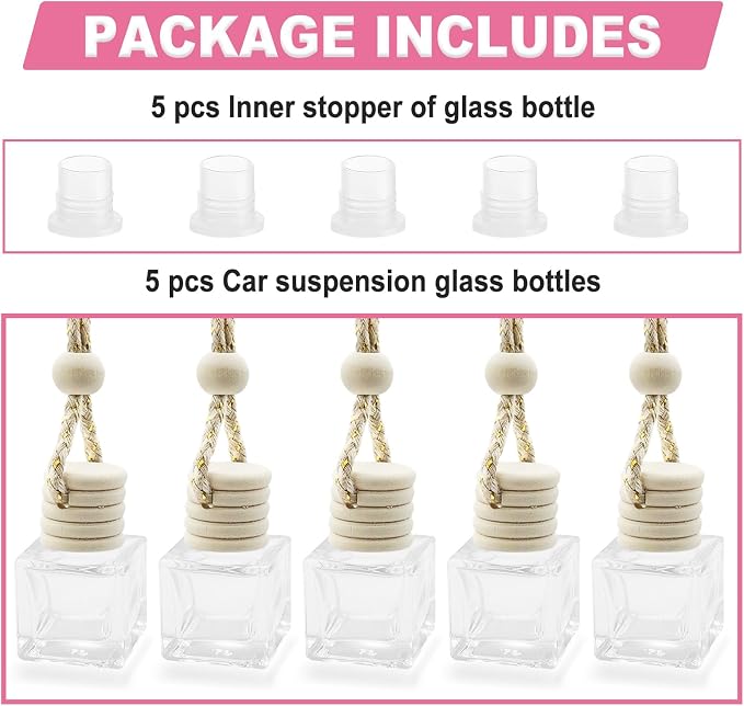 5 pcs Car Hanging Empty Glass Perfume Bottles Pendant Bottle, DIY Air Freshener Pendant, Empty Clear Glass Essential Diffuser Oil Aromatherapy, Glass Bottle Decor (Square)