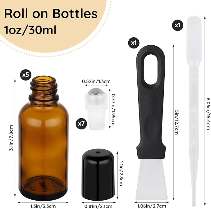 Segbeauty 1oz Glass Roll On Bottles for Oil, 5pcs Empty Roller Ball Applicator for Essential Oils, 30ml Amber Perfume Travel Refillable Bottle, Anointing Oil Bottles Travel Containers Liquids Oils