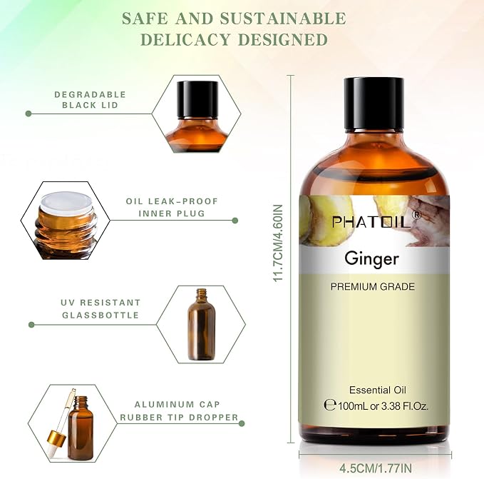 Ginger 3.38fl.oz Essential Oil, PHATOIL Pure Aromatherapy Oils for Diffuser, Humidifier, Perfect for DIY Soap, Candle, Bath Bombs Making(100ml)