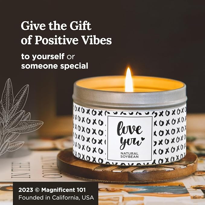 Magnificent 101 Long Lasting Love You Aromatherapy Tin Candle | 6 Oz - 35 Hour Burn | All Natural Soy Wax with Vanilla, Lavender, Rose, Jasmine, Lilac for Romance, Purification, Manifestation