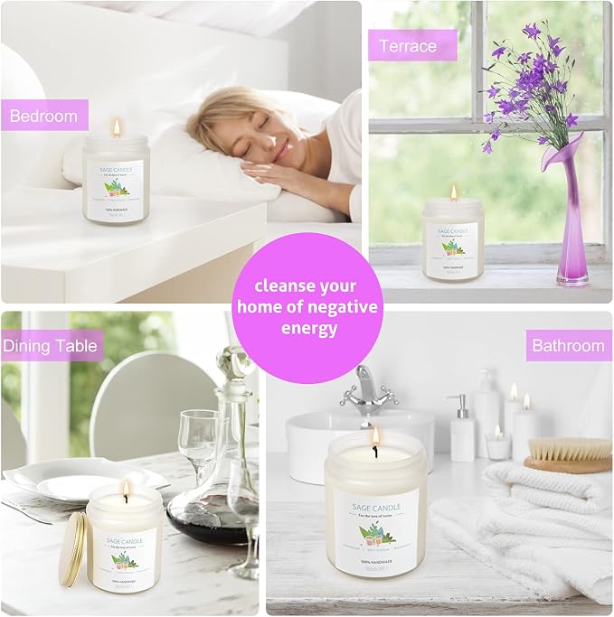 Sage Candle for Cleansing House, 8Oz 45 Hrs Soy Wax Sage Scented Candles for Home Scented Candle, for House Energy Cleansing, Banishing Negative Energy, Purification and Healing,Women Gifts