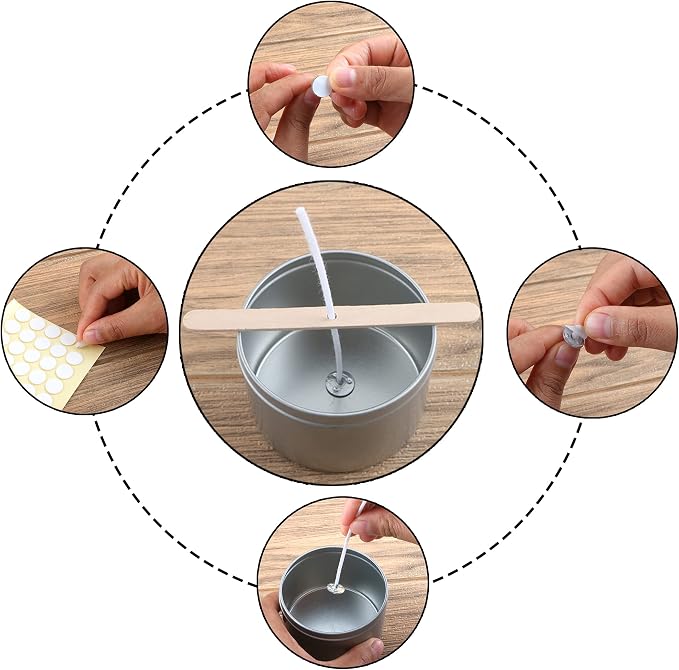 MILIVIXAY 3.5" Candle Wick Bundle: 100PCS Candle Wicks, 100PCS Candle Wick Stickers and 6PCS Wooden Candle Wick Holders - Wicks Coated with Paraffin Wax, Cotton Wicks Kits for Candle Making.