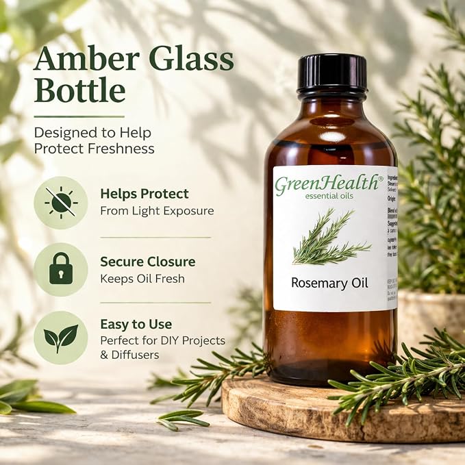 GreenHealth Rosemary Essential Oil 4 fl oz – 100% Pure & Natural – Undiluted Steam Distilled Aromatherapy Oil – Amber Glass Bottle for Diffuser, Candle Making, DIY & Home Fragrance