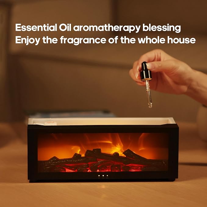 Essential Oil Diffuser Flame Colorful Water Vapor Fireplace Diffusers Fire Humidifier for Aromatherapy Aroma Therapy Machine (Black Fireplace (Long Version)