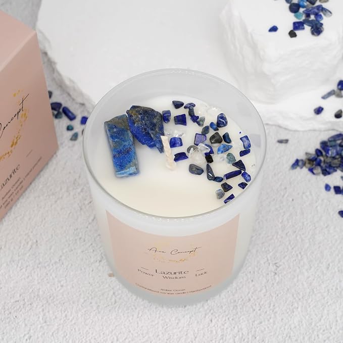 Lazurite Crystal Candle – 10oz / 280g | Amber Ocean Aromatherapy | Hand-Poured Soy Wax | Genuine Lapis Lazuli Healing Crystals Embedded | Power, Wisdom & Luck | Gift Box Included
