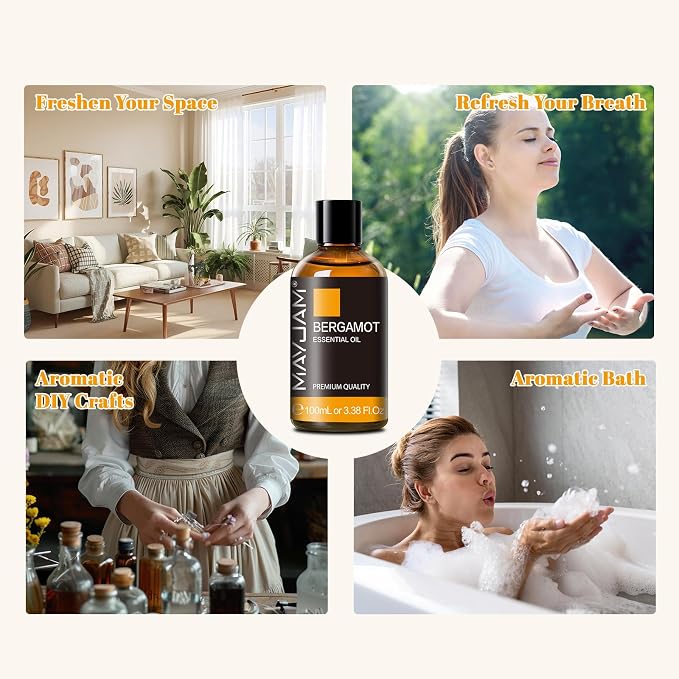 Bergamot Essential Oil, MAYJAM Premium Pure Essential Oils, 3.38FL.OZ Large Volume for Diffusers Soap Candle Making, Ideal for Home Office Car Yoga Use