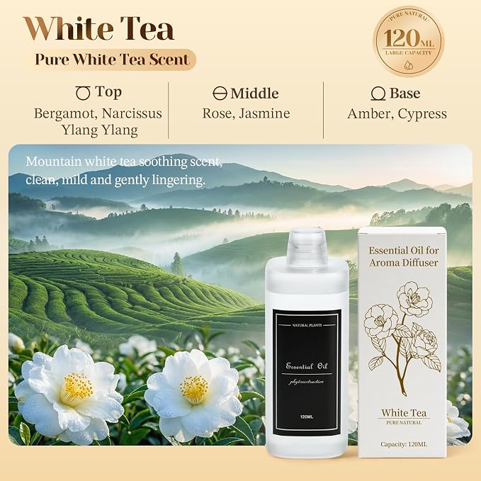 4.06 fl oz (120ml) Diffuser Oil for Home Fragrance Diffusers, Plant-Based & Alcohol-Free, Essential Oil for Bedroom, Bathroom, Office, Car (White Tea)